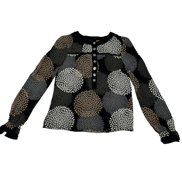 Tory Burch Blouse Top Size 2 Black Multi Floral 100% Silk Balloon Sleeve - Picture 1 of 7